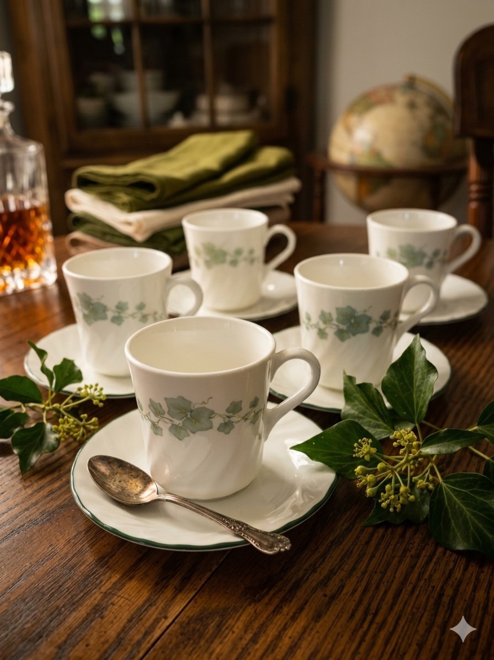 10 Piece Corelle Corningware Callaway Green Ivy Pattern Cups and Saucers
